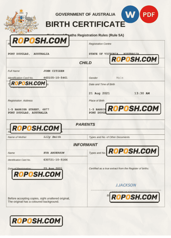 Australia vital record birth certificate Word and PDF template, completely editable