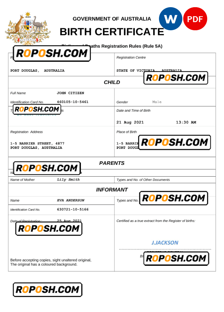Australia Vital Record Birth Certificate Word And Pdf Template Completely Editable Roposh 0199