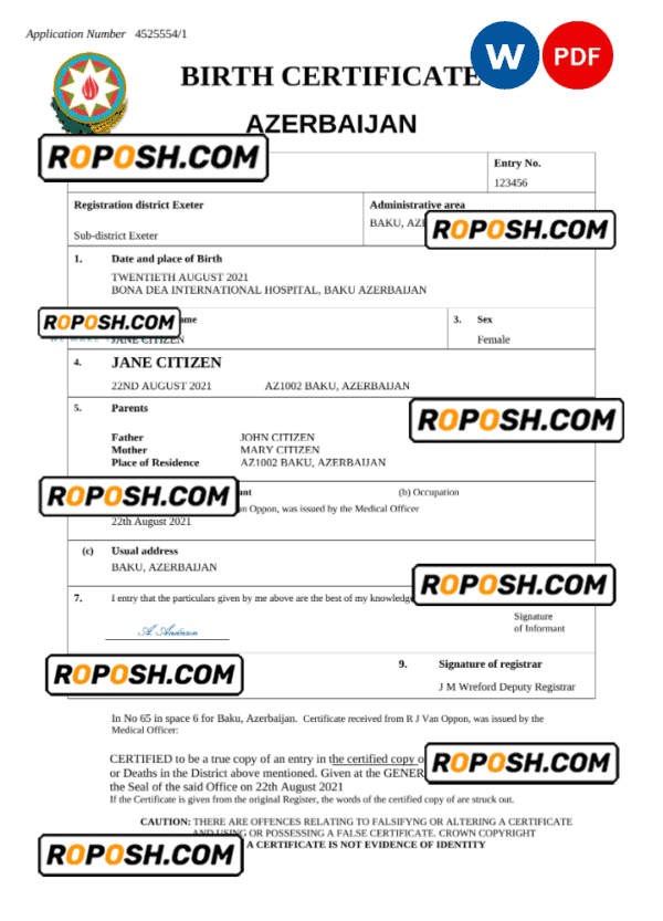 Azerbaijan vital record birth certificate Word and PDF template, fully editable