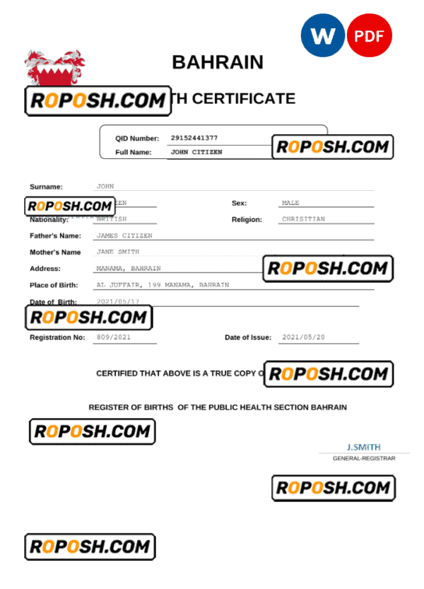Bahrain vital record birth certificate Word and PDF template