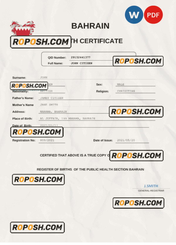 Bahrain vital record birth certificate Word and PDF template