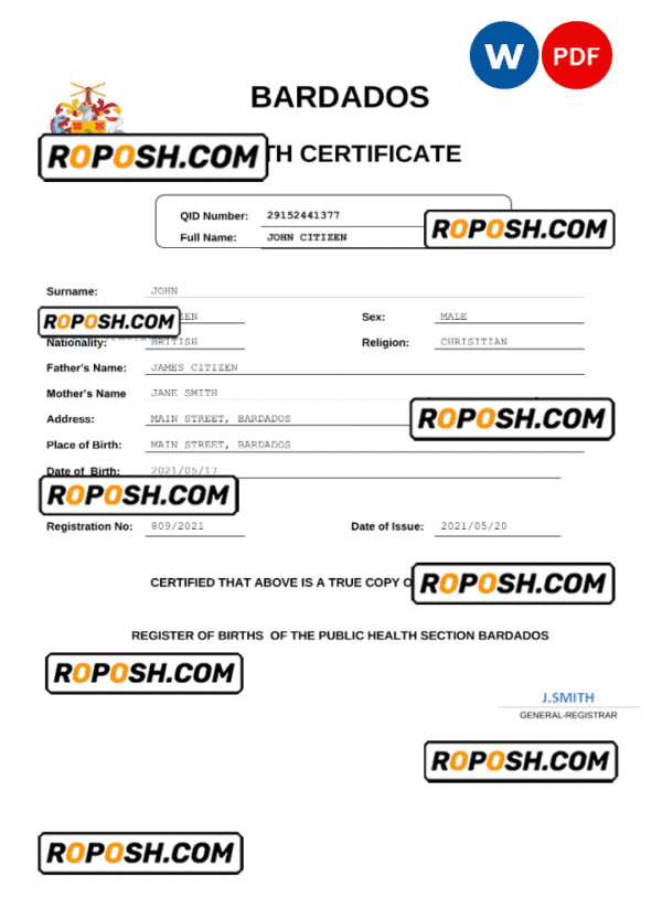 Barbados birth certificate Word and PDF template, completely editable