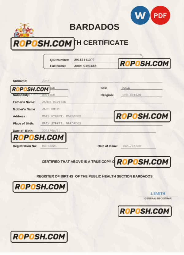Barbados birth certificate Word and PDF template, completely editable