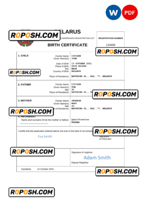 Belarus vital record birth certificate Word and PDF template, completely editable