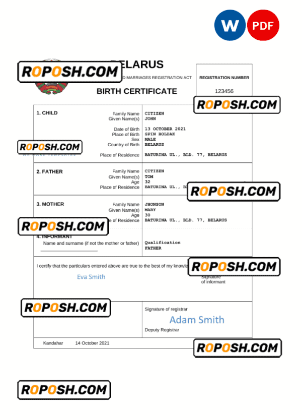 Belarus vital record birth certificate Word and PDF template, completely editable