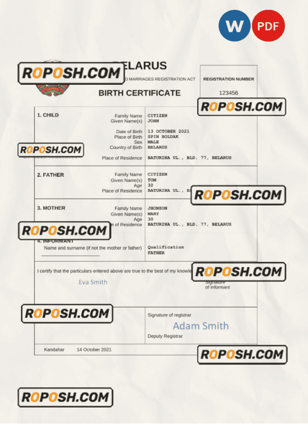Belarus vital record birth certificate Word and PDF template, completely editable