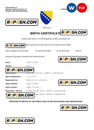 Bosnia and Herzegovina vital record birth certificate Word and PDF template, fully editable