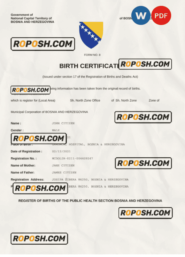 Bosnia and Herzegovina vital record birth certificate Word and PDF template, fully editable