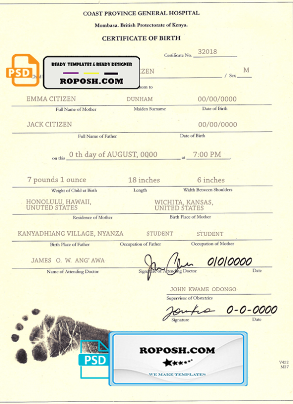 Kenya birth certificate template in PSD format, fully editable