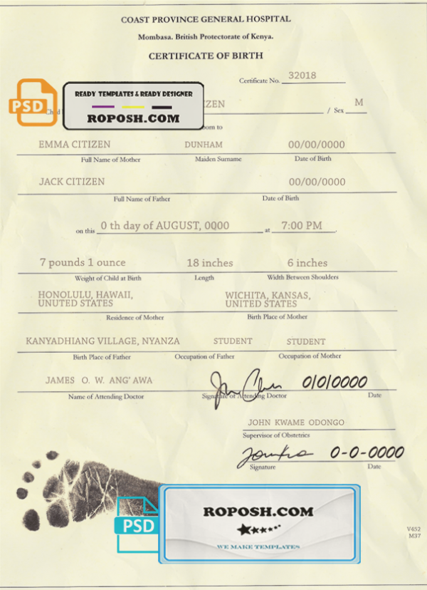 Kenya birth certificate template in PSD format, fully editable scan effect
