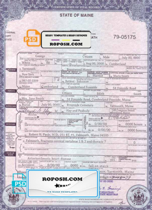 USA Maine state death certificate template in PSD format, fully editable