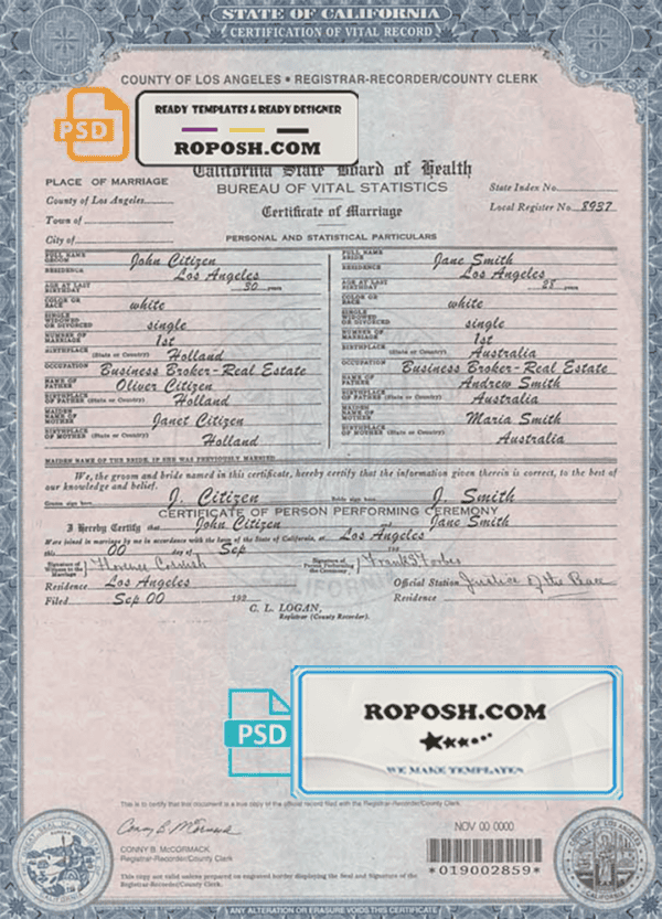 USA California dmarriage Certificate template in PSD format