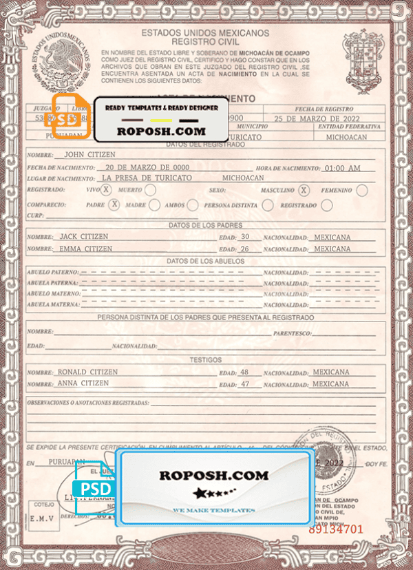 Mexico birth certificate template in PSD format, fully editable