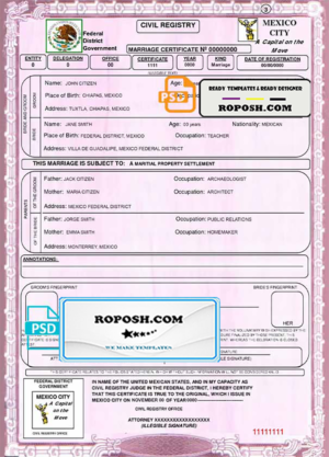 Mexico marriage certificate template in PSD format, fully editable