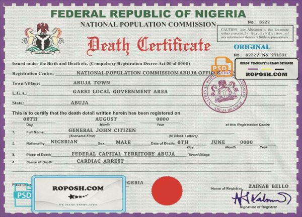 Nigeria vital record death certificate PSD template, version 2