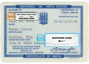 Canada Province of Nova Scotia birth certificate template in PSD format