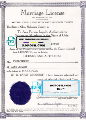 USA Ohio state marriage certificate template in PSD format