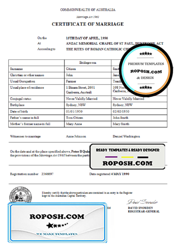 Australia Australian Capital Territory marriage certificate template in Word format