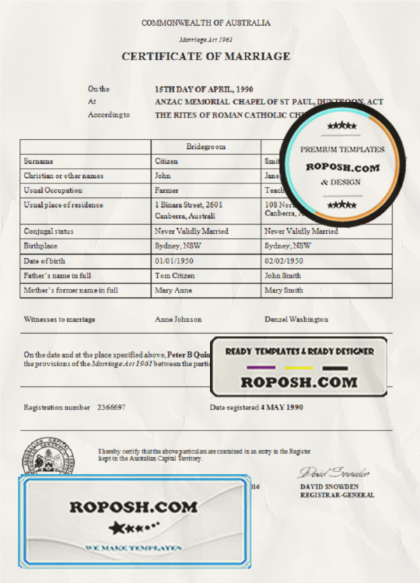 Australia Australian Capital Territory marriage certificate template in Word format scan effect