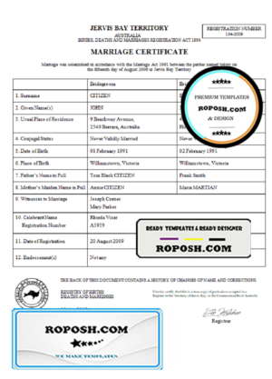 Australia Jervis Bay Territory marriage certificate template in Word format