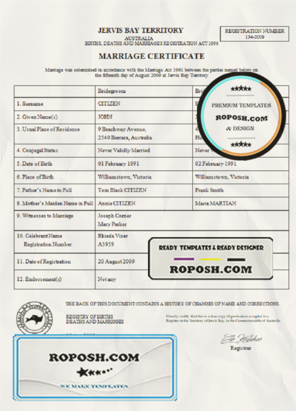 Australia Jervis Bay Territory marriage certificate template in Word format scan effect