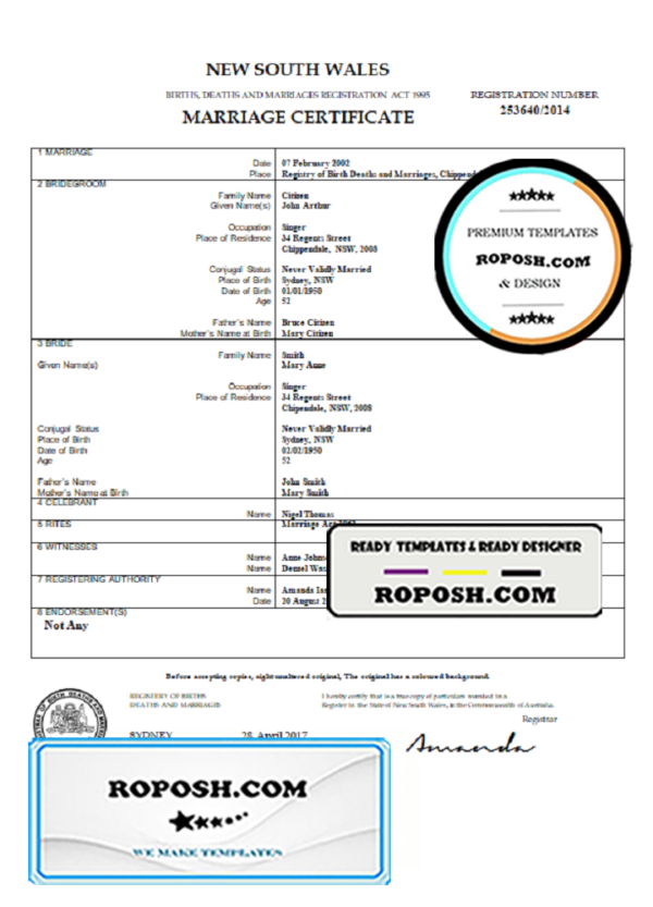 Australia New South Wales marriage certificate template in Word format