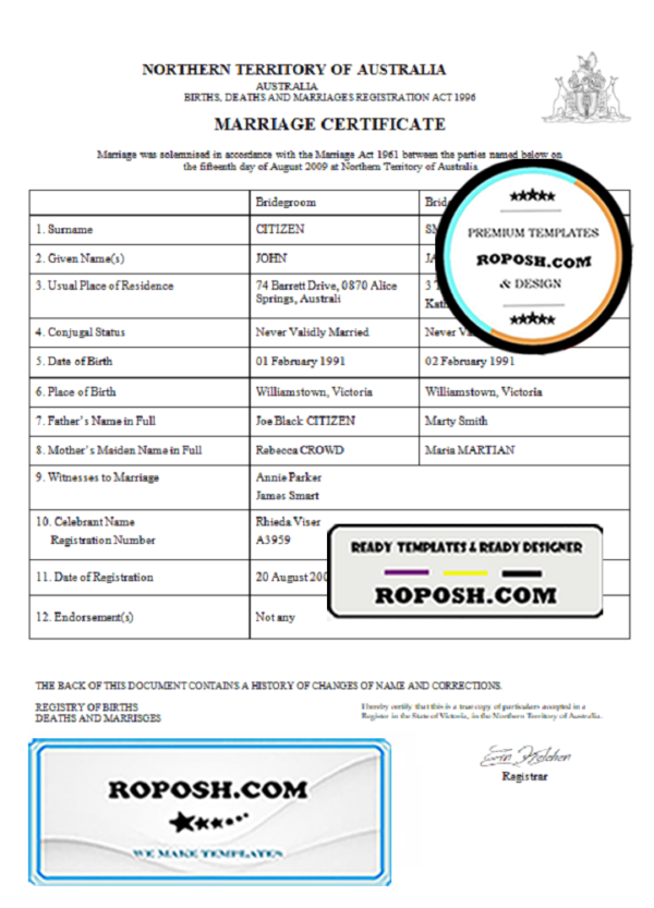 Australia Northern Territory of Australia marriage certificate template in Word format