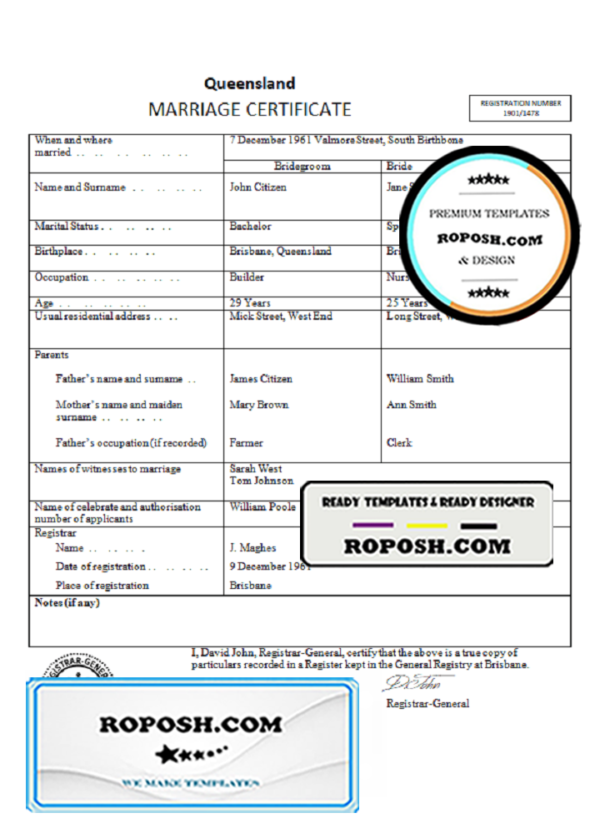 Australia Queensland marriage certificate template in Word format