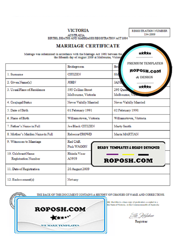 Australia Victoria marriage certificate template in Word format