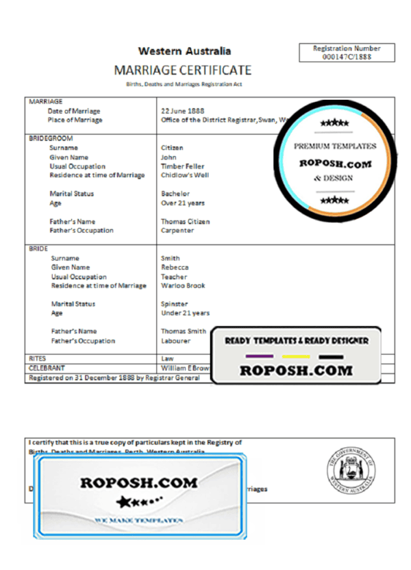 Australia Western Australia marriage certificate template in Word format