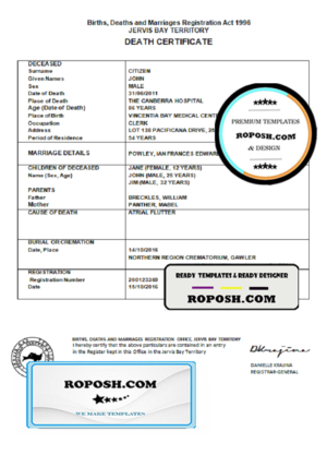 Australia Jervis Bay Territory death certificate template in Word format