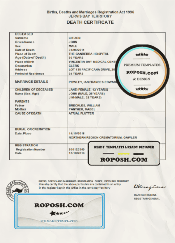 Australia Jervis Bay Territory death certificate template in Word format