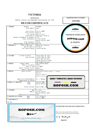 Australia Victoria death certificate template in Word format