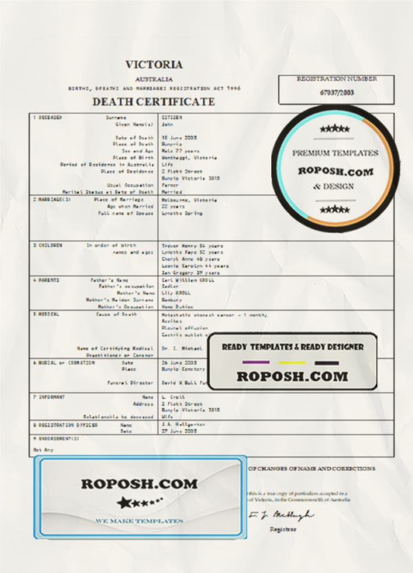 Australia Victoria death certificate template in Word format scan effect