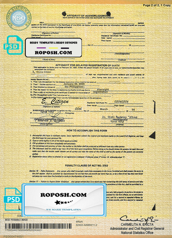 Philippines birth certificate template in PSD format, fully editable