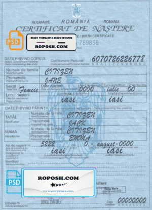 Romania birth certificate template in PSD format, fully editable