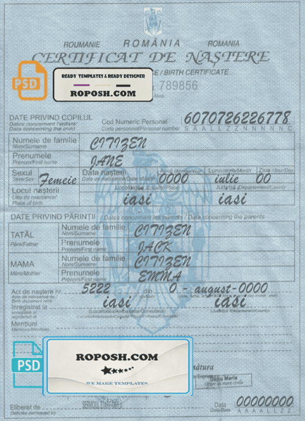 Romania birth certificate template in PSD format, fully editable