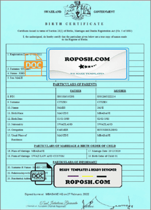 Swaziland birth certificate template in Word and PDF format