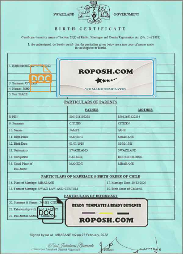 Swaziland birth certificate template in Word and PDF format