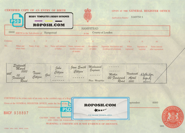 United Kingdom birth certificate template in PSD format, fully editable scan effect
