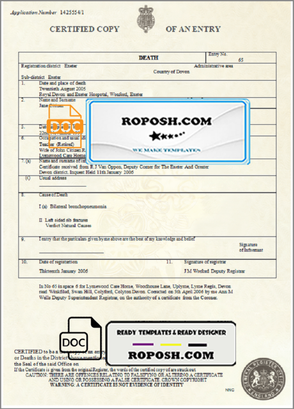 United Kingdom death certificate template in Word and PDF format