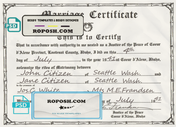 USA Idaho marriage certificate template in PSD format, fully editable scan effect