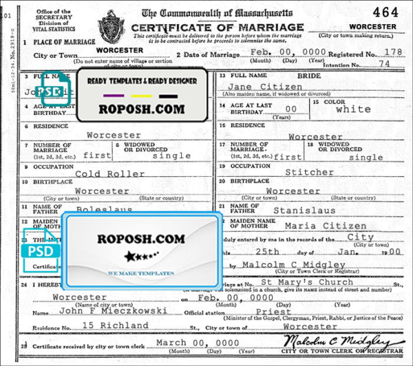 USA Massachusetts marriage certificate template in PSD format