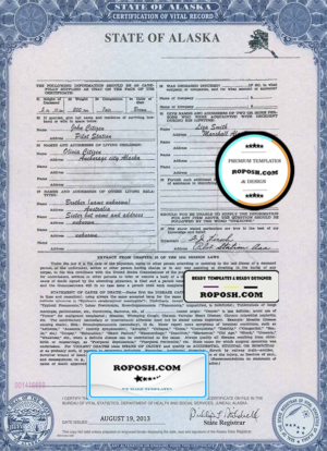 USA Alaska state birth certificate template in PSD format, fully editable