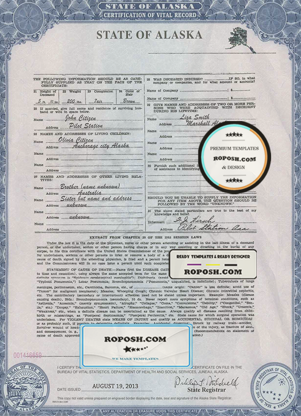 USA Alaska state birth certificate template in PSD format fully