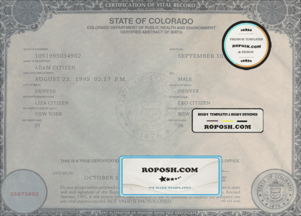 USA Colorado state birth certificate template in PSD format, fully editable
