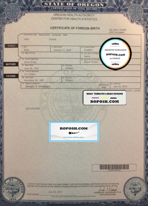USA Oregon state birth certificate template in PSD format, fully editable