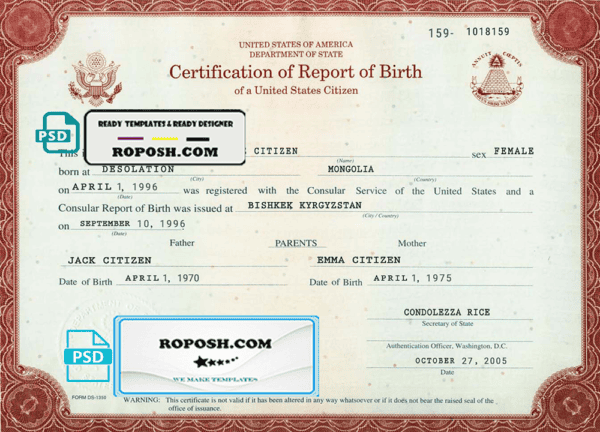 USA certification of report of birth Washington certificate template in PSD format, fully editable