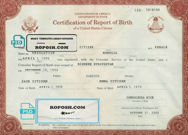 USA certification of report of birth Washington certificate template in PSD format, fully editable