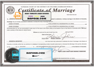 USA Washington district of Columbia marriage certificate template in PSD format